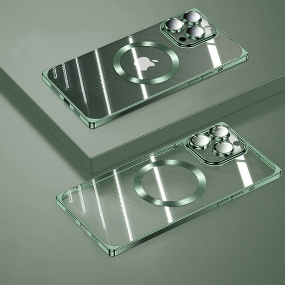 ELEHOLD Plating Clear Case for iPhone 15 Pro,with Camera Lens Protector Anti-Yellowing Compatible with MagSafe Strong Magnetic Slim Lightweight Dustproof Case for iPhone 15 Pro 6.1",Darkgreen