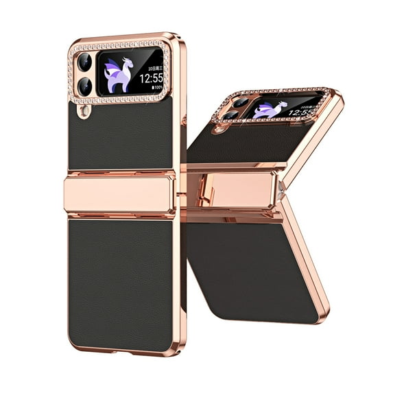 ELEHOLD Plating Leather Case for Samsung Galaxy Z Flip 4, Glitter Rhinestone Full Body Hinge Protection Non-Slip Shockproof Case for Samsung Galaxy Z Flip 4,Black