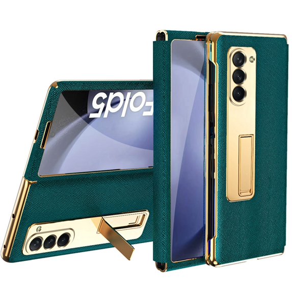 ELEHOLD Plating Leather Case for Samsung Galaxy Z Fold4,Built-in Screen Protector Premium Leather Metal Hidden Kickstand Shockproof Cover for Samsung Galaxy Z Fold 4,Cyan