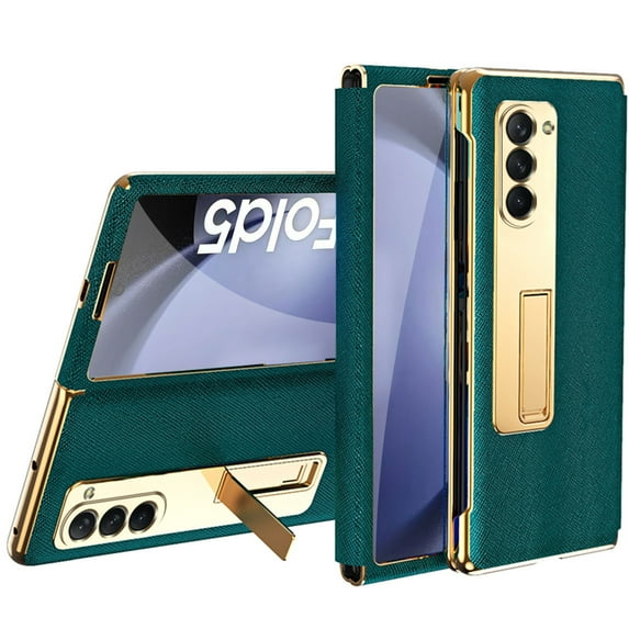 ELEHOLD Plating Leather Case for Samsung Galaxy Z Fold5,Built-in Screen Protector Premium Leather Metal Hidden Kickstand Shockproof Cover for Samsung Galaxy Z Fold 5,Cyan