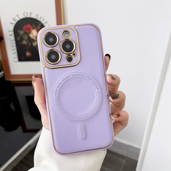 ELEHOLD Plating Leather Case for iPhone 13 Pro Max 6.7 inch Slim Thin Compatible with MagSafe Magnetic Shockproof Protective Case, Purple