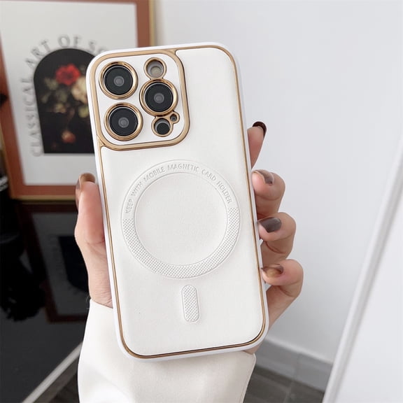 ELEHOLD Plating Leather Case for iPhone 13 Pro Max 6.7 inch Slim Thin Compatible with MagSafe Magnetic Shockproof Protective Case, White