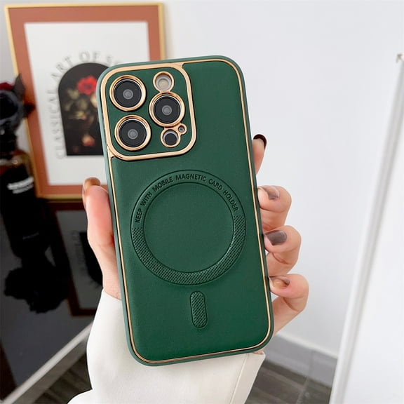 ELEHOLD Plating Leather Case for iPhone 14 Pro Max 6.7 inch Slim Thin Compatible with MagSafe Magnetic Shockproof Protective Case,  Green