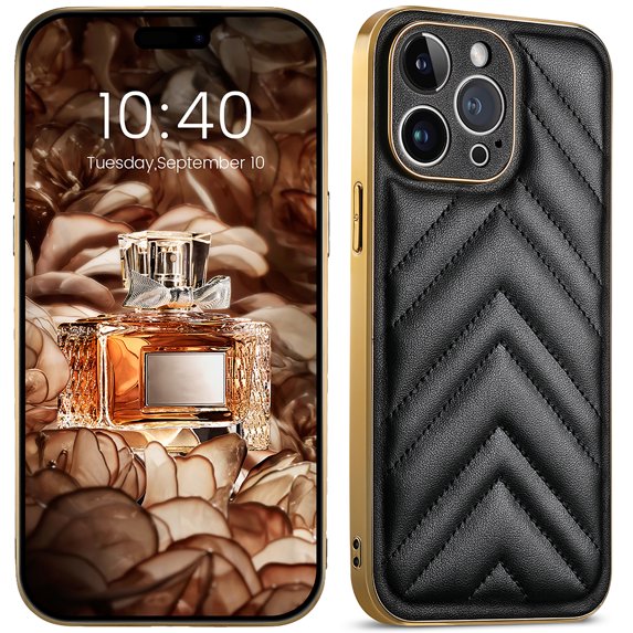 ELEHOLD Plating Leather Case for iPhone 14 Pro Max 6.7inch Skin-Touch Anti-Scratch Shockproof Protective Case - Black