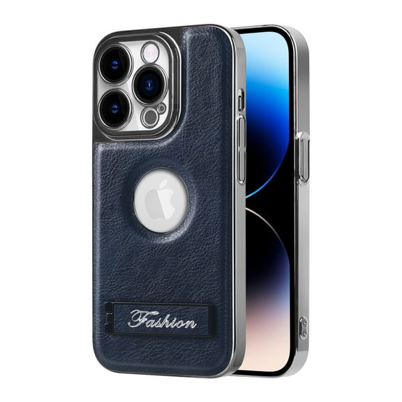 ELEHOLD Plating Leather Case for iPhone 12 Premium Soft Touch PU Leather Logo View Window Invisible Hidden Kickstand All-Inclusive Camera Lens Protection Shockproof Anti-Scratch Cover,navyblue