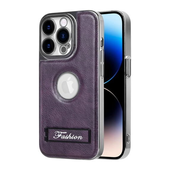 ELEHOLD Plating Leather Case for iPhone 13 Pro Max Premium Soft Touch PU Leather Logo View Window Invisible Hidden Kickstand All-Inclusive Camera Lens Protection Shockproof Anti-Scratch Cover,purple