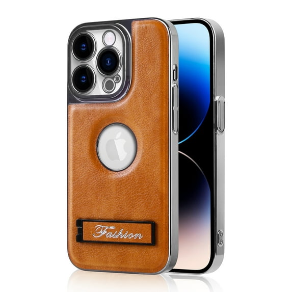 ELEHOLD Plating Leather Case for iPhone 13 Pro Premium Soft Touch PU Leather Logo View Window Invisible Hidden Kickstand All-Inclusive Camera Lens Protection Shockproof Anti-Scratch Cover,brown