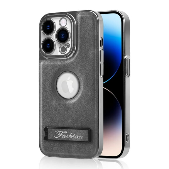 ELEHOLD Plating Leather Case for iPhone 15 Pro Max Premium Soft Touch PU Leather Logo View Window Invisible Hidden Kickstand All-Inclusive Camera Lens Protection Shockproof Anti-Scratch Cover,grey