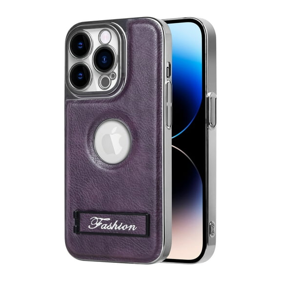 ELEHOLD Plating Leather Case for iPhone 15 Pro Max Premium Soft Touch PU Leather Logo View Window Invisible Hidden Kickstand All-Inclusive Camera Lens Protection Shockproof Anti-Scratch Cover,purple