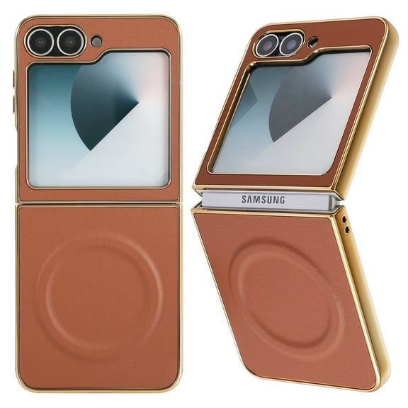 ELEHOLD Plating Magnetic Case For Samsung Galaxy Z Flip 6,Compatible with MagSafe Accessory PU Leather Hard PC Shell Slim Lightweight Durable Protective Phone Case ,Brown