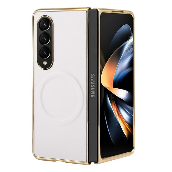 ELEHOLD Plating Magnetic Case For Samsung Galaxy Z Fold 3,Compatible with MagSafe Accessory PU Leather Hard PC Shell Slim Lightweight Durable Protective Phone Case ,White