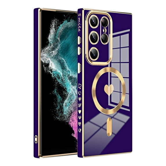 ELEHOLD Plating Magnetic Case for Samsung Galaxy S21+ Case Slim Lightweight Cute Heart Plating Pattern Full Camera Lens Protection Compatible with MagSafe Shockproof Cover,purple