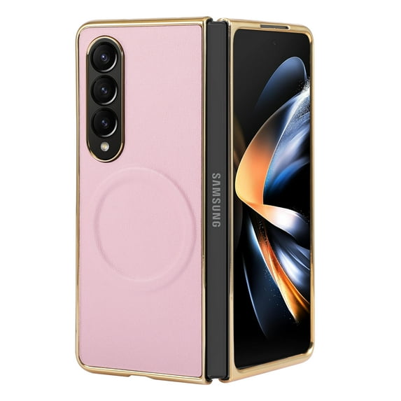 ELEHOLD Plating Magnetic Case For Samsung Galaxy Z Fold 3,Compatible with MagSafe Accessory PU Leather Hard PC Shell Slim Lightweight Durable Protective Phone Case ,Pink