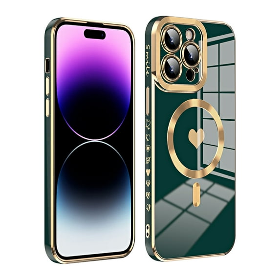 ELEHOLD Plating Magnetic Case for iPhone 12 Pro Max Case Slim Lightweight Cute Heart Plating Pattern Full Camera Lens Protection Compatible with MagSafe Shockproof Cover,darkgreen
