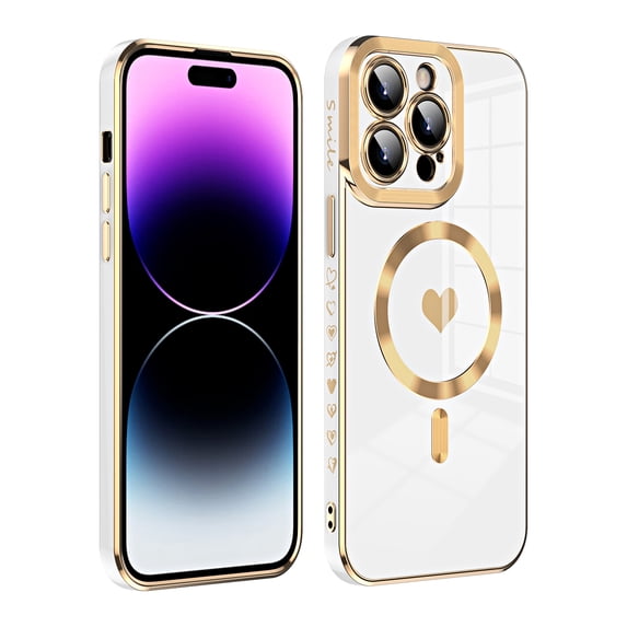 ELEHOLD Plating Magnetic Case for iPhone 13 Pro Max Case Slim Lightweight Cute Heart Plating Pattern Full Camera Lens Protection Compatible with MagSafe Shockproof Cover,white