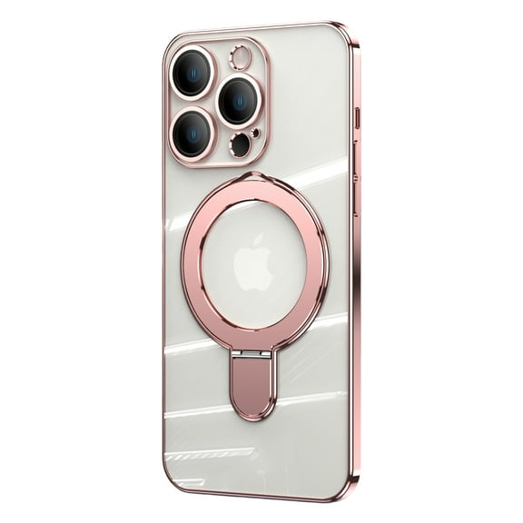 ELEHOLD Plating Magnetic Case for iPhone 13 Pro Max Case Transparent Clear Anti-Yellowing Cover with Foldable Kickstand Camera Lens Protection Compatible with MagSafe Slim Shockproof Case,rosegold