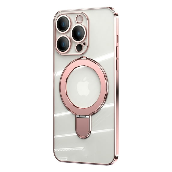 ELEHOLD Plating Magnetic Case for iPhone 14 Case Transparent Clear Anti-Yellowing Cover with Foldable Kickstand Camera Lens Protection Compatible with MagSafe Slim Shockproof Case,rosegold