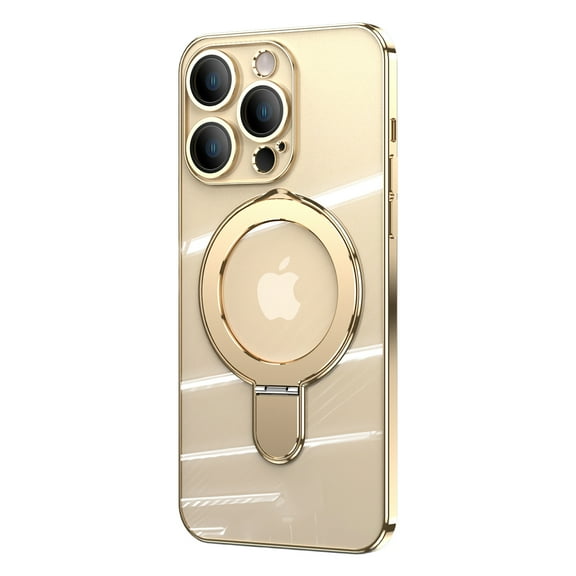 ELEHOLD Plating Magnetic Case for iPhone 14 Case Transparent Clear Anti-Yellowing Cover with Foldable Kickstand Camera Lens Protection Compatible with MagSafe Slim Shockproof Case,gold