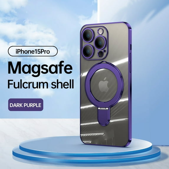 ELEHOLD Plating Magnetic Case for iPhone 15 Pro Case Transparent Clear Anti-Yellowing Cover with Foldable Kickstand Camera Lens Protection Compatible with MagSafe Slim Shockproof Case,Darkpurple