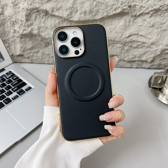 ELEHOLD Plating Magnetic Case iPhone 16,Compatible with Mag-Safe Accessory PU Leather Hard PC Shell Slim Lightweight Durable Protective Phone Case ,Black