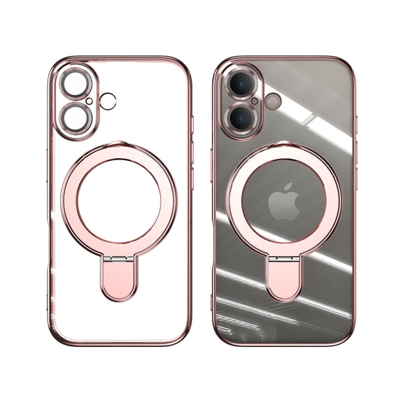 ELEHOLD Plating Magnetic Case for iPhone 16 Plus Case Transparent Clear Cover Kickstand Camera Lens Protection Compatible with Mag Safe Accessory Slim Shockproof Case for iPhone 16 Plus,Rosegold
