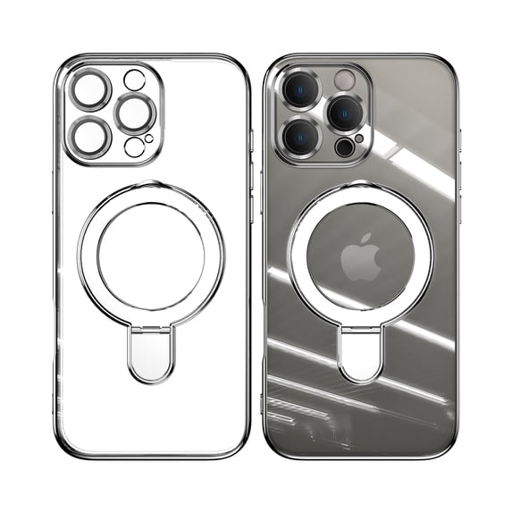 ELEHOLD Plating Magnetic Case for iPhone 16 Pro Max Case Transparent Clear Cover Kickstand Camera Lens Protection Compatible with Mag Safe Accessory Slim Shockproof Case for iPhone 16 Pro Max,Silver