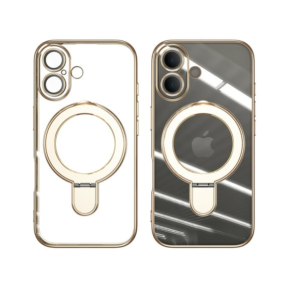 ELEHOLD Plating Magnetic Case for iPhone 16 Case Transparent Clear Cover Kickstand Camera Lens Protection Compatible with Mag Safe Accessory Slim Shockproof Case for iPhone 16,Gold