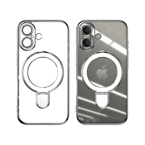 ELEHOLD Plating Magnetic Case for iPhone 16 Case Transparent Clear Cover Kickstand Camera Lens Protection Compatible with Mag Safe Accessory Slim Shockproof Case for iPhone 16,Silver