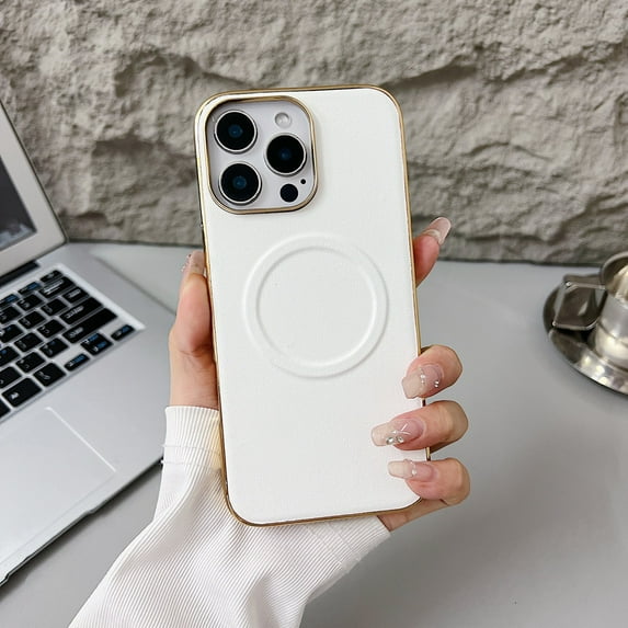 ELEHOLD Plating Magnetic Case iPhone 16e,Compatible with Mag-Safe Accessory PU Leather Hard PC Shell Slim Lightweight Durable Protective Phone Case ,White