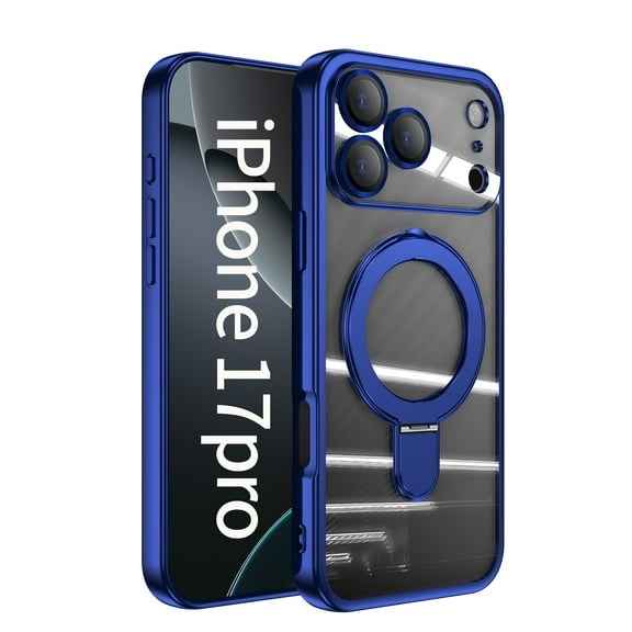 ELEHOLD Plating Magnetic Case for iPhone 17 Pro Case Transparent Clear Cover Kickstand Camera Lens Protection Compatible with Mag Safe Accessory Slim Shockproof Case for iPhone 17 Pro,Darkblue