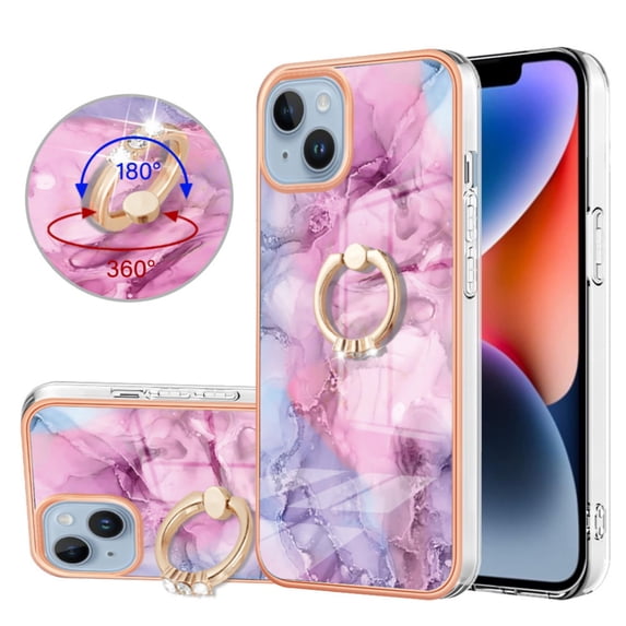 ELEHOLD Plating Rugged Case For iPhone 15 Slim Marble Pattern Heavy Duty Shockproof Stand Cover, with Shiny Rotating Ring Stand, Pink