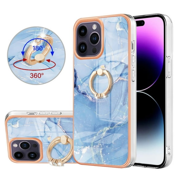 ELEHOLD Plating Rugged Case For iPhone 16 Pro Max Slim Marble Pattern Heavy Duty Shockproof Stand Cover, with Shiny Rotating Ring Stand, Blue