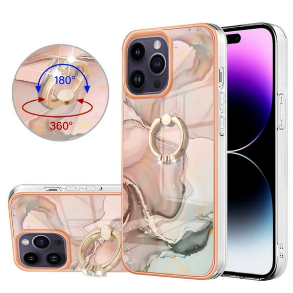 ELEHOLD Plating Rugged Case For iPhone 16 Pro Max Slim Marble Pattern Heavy Duty Shockproof Stand Cover, with Shiny Rotating Ring Stand, Rose Gold