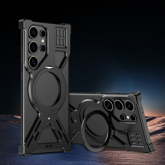 ELEHOLD Premium Alloy Frameless Frosted Rugged Case For Samsung Galaxy S24 Ultra MagSafe Magnetic Shockproof Cover, with 360° Rotable Ring Kickstand, Air-Bag Drop Protection, Black