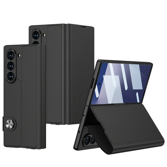 ELEHOLD Premium Faux Leather Case for Samsung Galaxy Z Fold 7 With Front Screen Protector,Full Body Shockproof Foldable Kickstand Magnetic Closure Protective Case Cover,Black