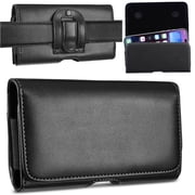 ELEHOLD Premium Leather Belt Clip Holster for Smartphones , Push-Up Finger Hole Design Horizontal Carrying Pouch Waist Bag with Magnetic Closure Cover for Universal 7 inch Phone,Black