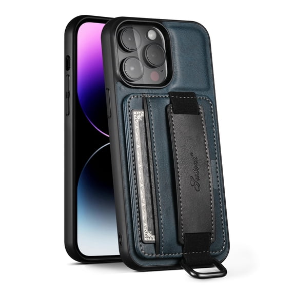 ELEHOLD Premium Leather Case for iPhone 16 Pro,Card Slot Wallet Kickstand Elastic Wristband Metal Ring Full Body Shockproof Protection Anti-Scratch Wallet Case,Blue