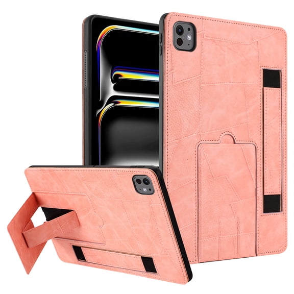 ELEHOLD Premium Leather Hand Strap Kickstand Shock Absorbent Protective Case for iPad Pro 11-inch (M5) 2025/(M4) 2024 , Pink