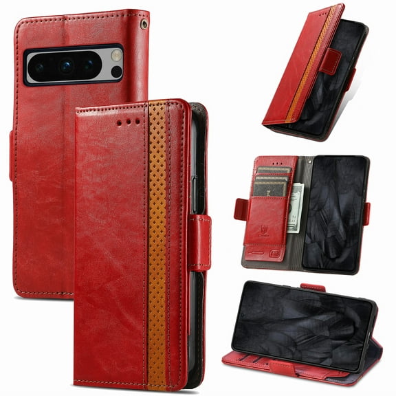 ELEHOLD Premium Leather Wallet Case for Google Pixel 10 Pro XL ,Practical Card Slots Money Slot Stand Function Shockproof Protective Flip Wallet Case for Google Pixel 10 Pro XL,Red