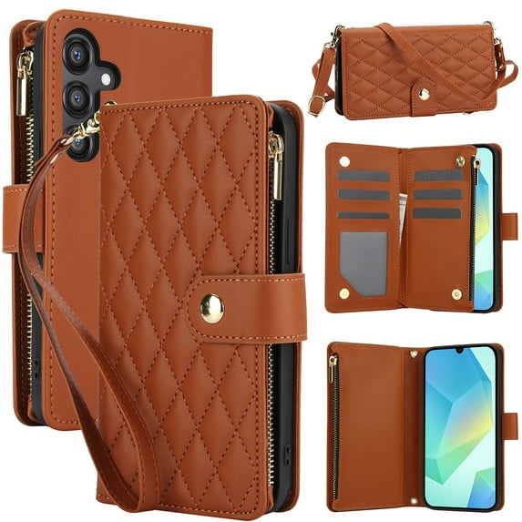 ELEHOLD Premium Leather Wallet Case For Samsung Galaxy A16 5G, Zipper Folio with 6 Card Slots Cash Pocket Magnetic Closure Protective Flip Wallet Case Cover with Wrist/Shoulder Strap,Brown