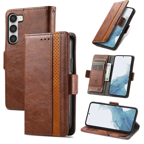 ELEHOLD Premium Leather Wallet Case for Samsung Galaxy S23 -6.1" Practical Card Slots Money Slot RFID Blocking Stand Function Luxury Purse Case,Darkbrown