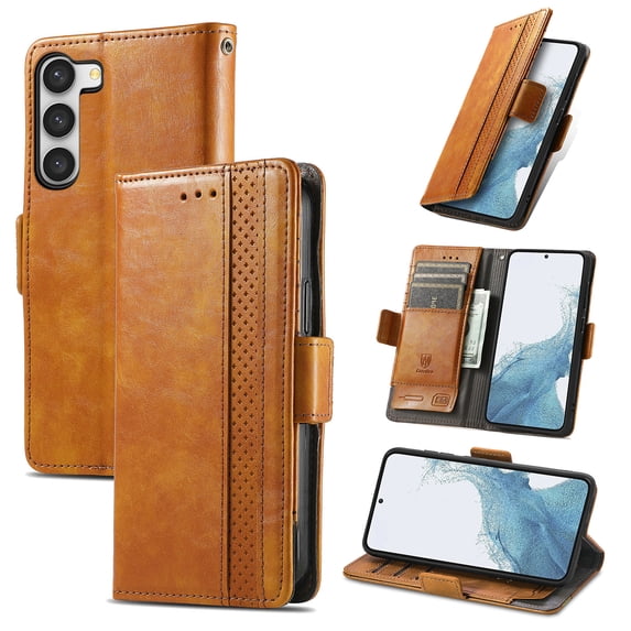 ELEHOLD Premium Leather Wallet Case for Samsung Galaxy S23 -6.1" Practical Card Slots Money Slot RFID Blocking Stand Function Luxury Purse Case,Lightbrown