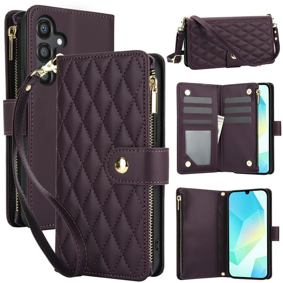 ELEHOLD Premium Leather Wallet Case For Samsung Galaxy S24 FE, Zipper Folio with 6 Card Slots Cash Pocket Magnetic Closure Protective Flip Wallet Case Cover with Wrist/Shoulder Strap,Darkpurple