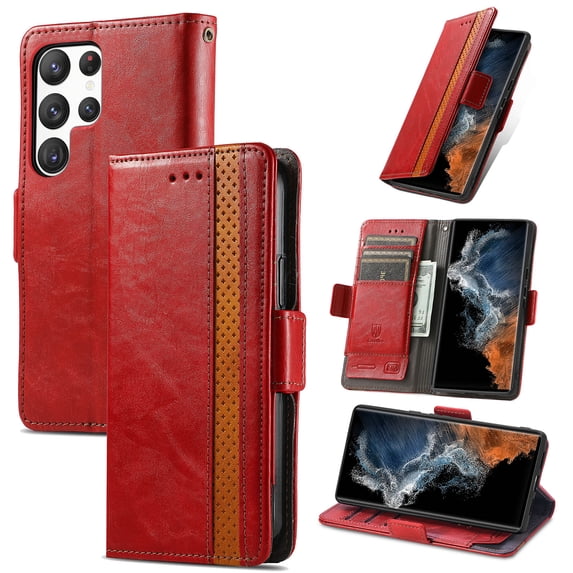 ELEHOLD Premium Leather Wallet Case for Samsung Galaxy S25 Ultra ,Practical Card Slots Money Slot Stand Function Shockproof Protective Flip Wallet Case for Samsung Galaxy S25 Ultra,Red
