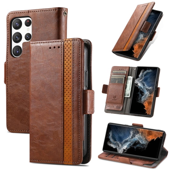 ELEHOLD Premium Leather Wallet Case for Samsung Galaxy S25 Ultra ,Practical Card Slots Money Slot Stand Function Shockproof Protective Flip Wallet Case for Samsung Galaxy S25 Ultra,Darkbrown