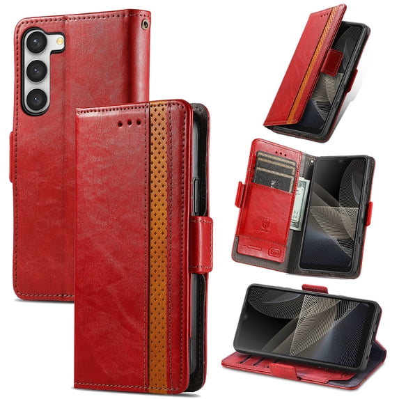 ELEHOLD Premium Leather Wallet Case for Samsung Galaxy S23 -6.1" Practical Card Slots Money Slot RFID Blocking Stand Function Luxury Purse Case,Red