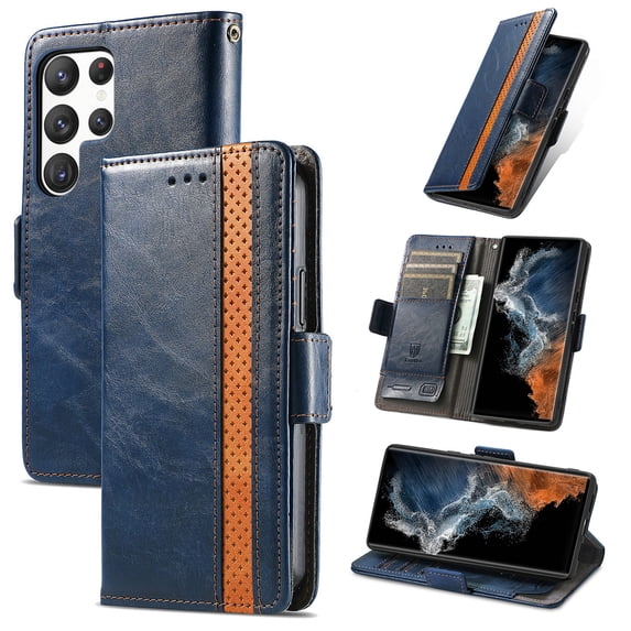 ELEHOLD Premium Leather Wallet Case for Samsung Galaxy S23 Ultra 6.8" Practical Card Slots Money Slot Stand Function Luxury Purse Case,Darkblue