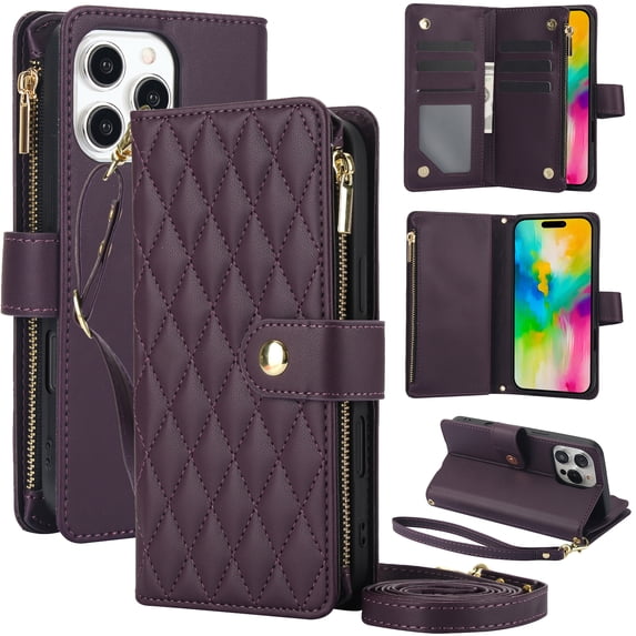 ELEHOLD Premium Leather Wallet Case For iPhone 13, Zipper Folio with 6 Card Slots Cash Pocket Magnetic Closure Protective Flip Wallet Case Cover with Wrist/Shoulder Strap,Darkpurple