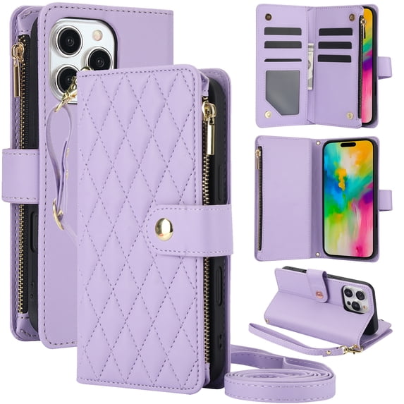 ELEHOLD Premium Leather Wallet Case For iPhone 14 Pro Max, Zipper Folio with 6 Card Slots Cash Pocket Magnetic Closure Protective Flip Wallet Case Cover with Wrist/Shoulder Strap,Purple