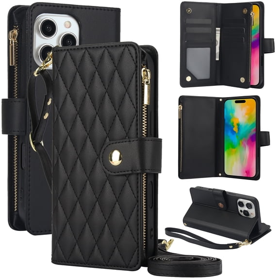 ELEHOLD Premium Leather Wallet Case For iPhone 14 Pro Max, Zipper Folio with 6 Card Slots Cash Pocket Magnetic Closure Protective Flip Wallet Case Cover with Wrist/Shoulder Strap,Black